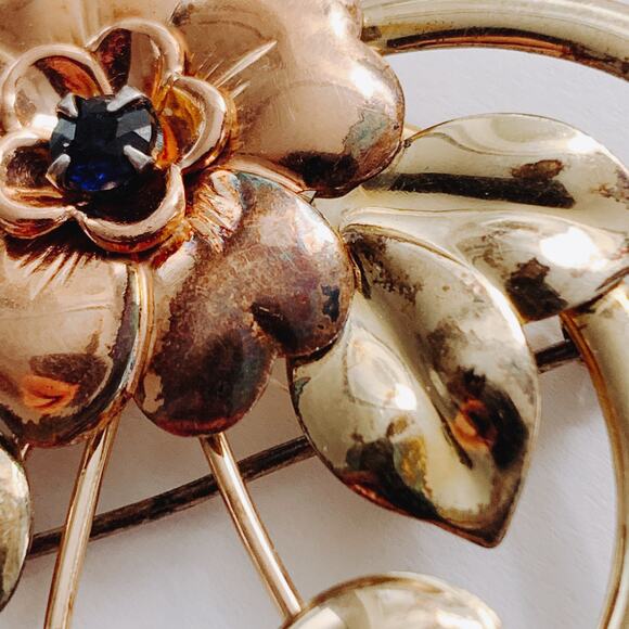 VTG Signed Harry Iskin Mid Century Gold Filled Floral Brooch Blue Rhinestone 40s - Picture 6 of 15